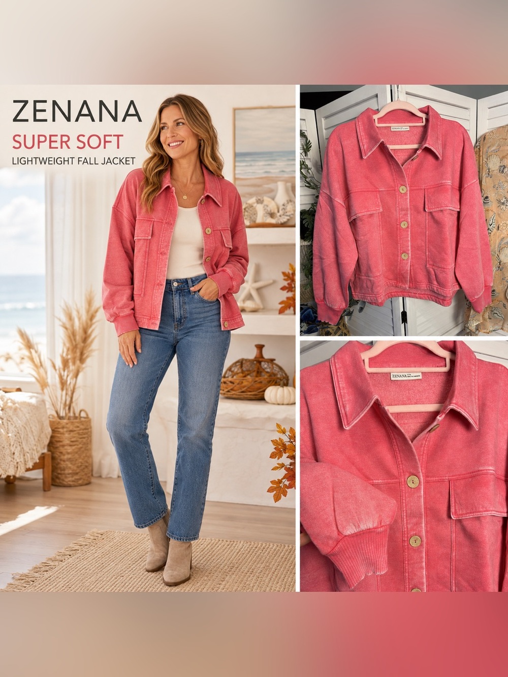 Zenana Outfitters Pink Washed Button-Front Terry Jacket
